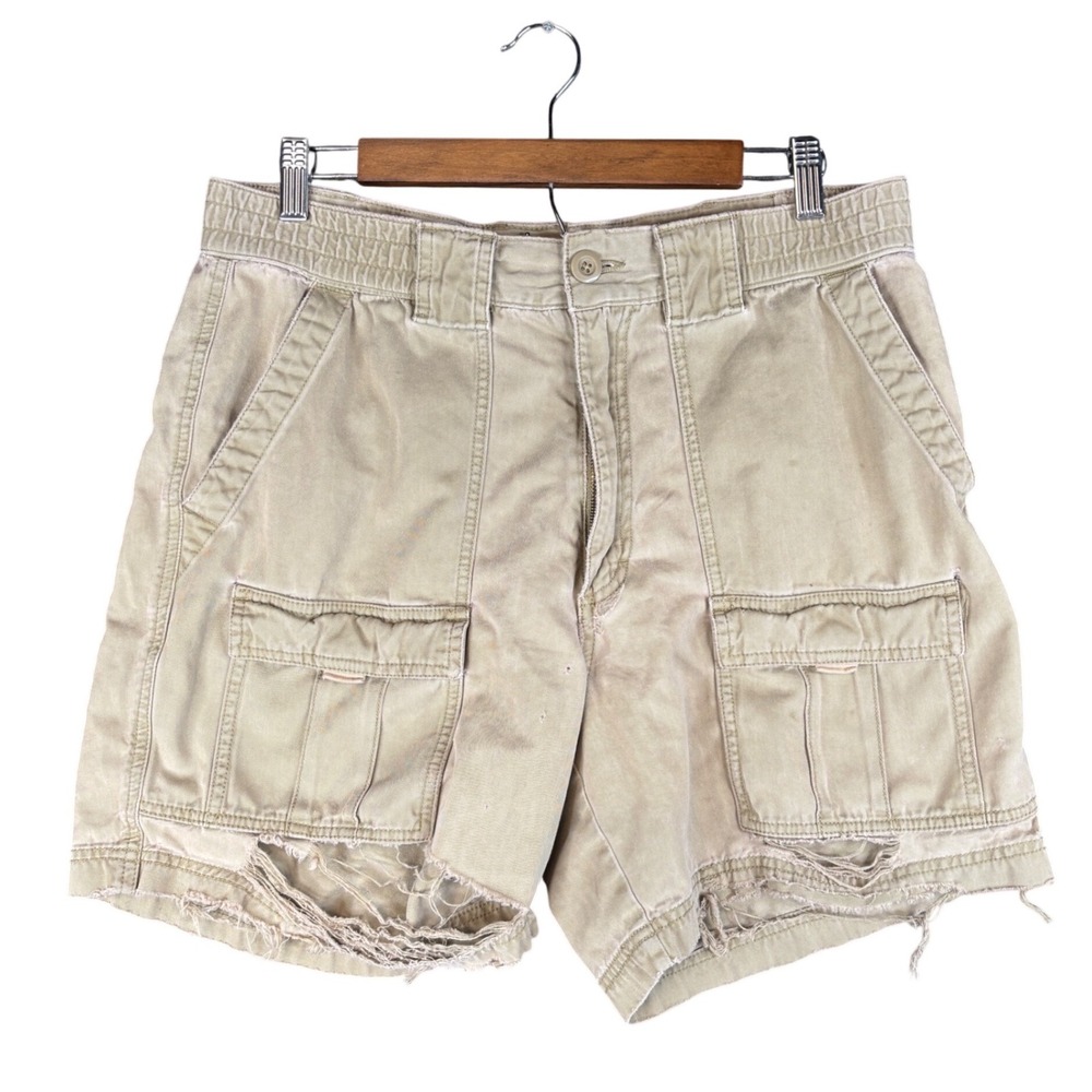 Roundtree & Yorke Mens Cargo Shorts Khaki Tan Distressed Frayed Cotton Size 34W